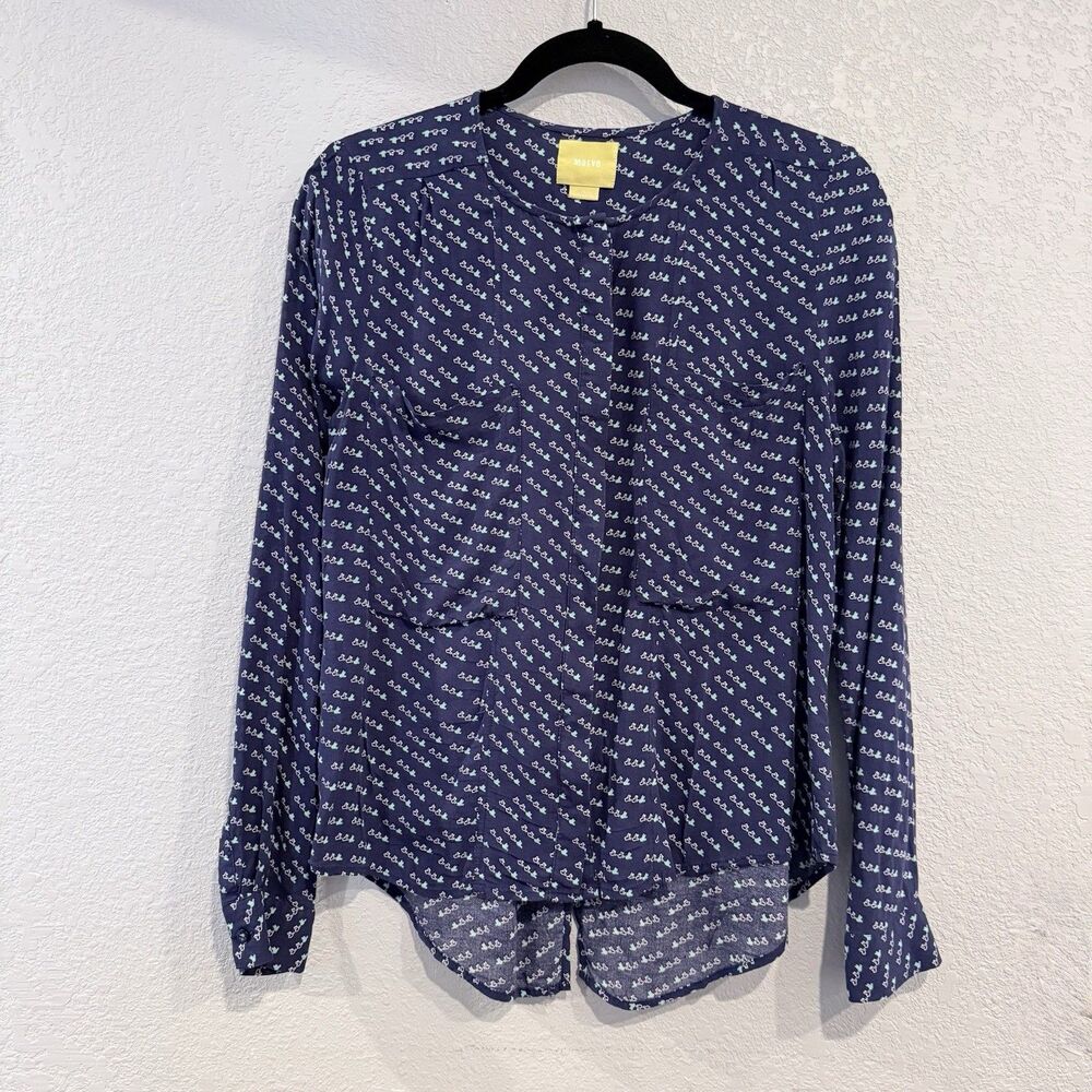 Anthropologie Maeve Navy Button Down Long Sleeve Size 4 Animal Print Birds